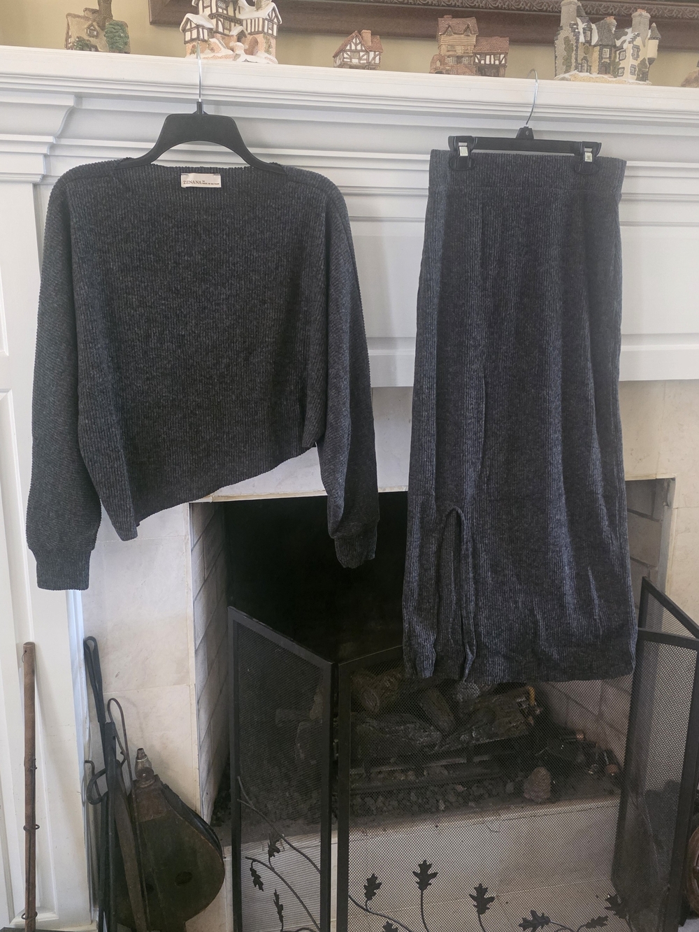 Zenana Outfitters Charcoal Cropped Ribbed Sweater and Maxi Skirt Set